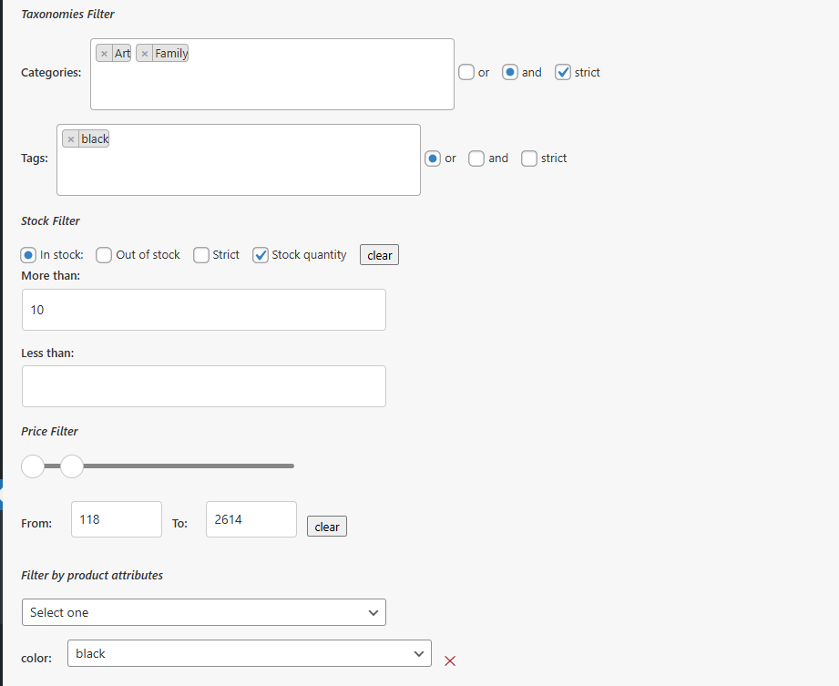 Advanced filter panel with AND/OR and attribute values