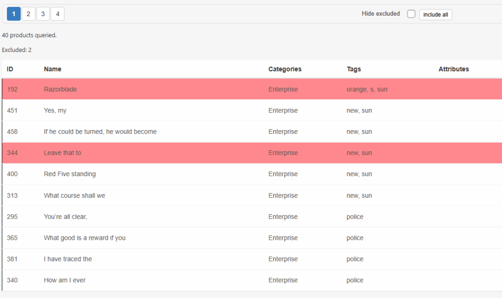 Preview of affected products with exclusion option