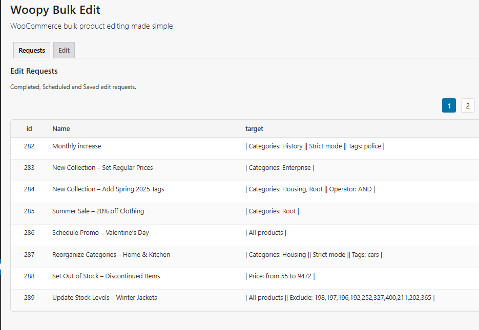 Plugin interface displaying organized bulk edits: completed, saved drafts, and scheduled changes with custom titles